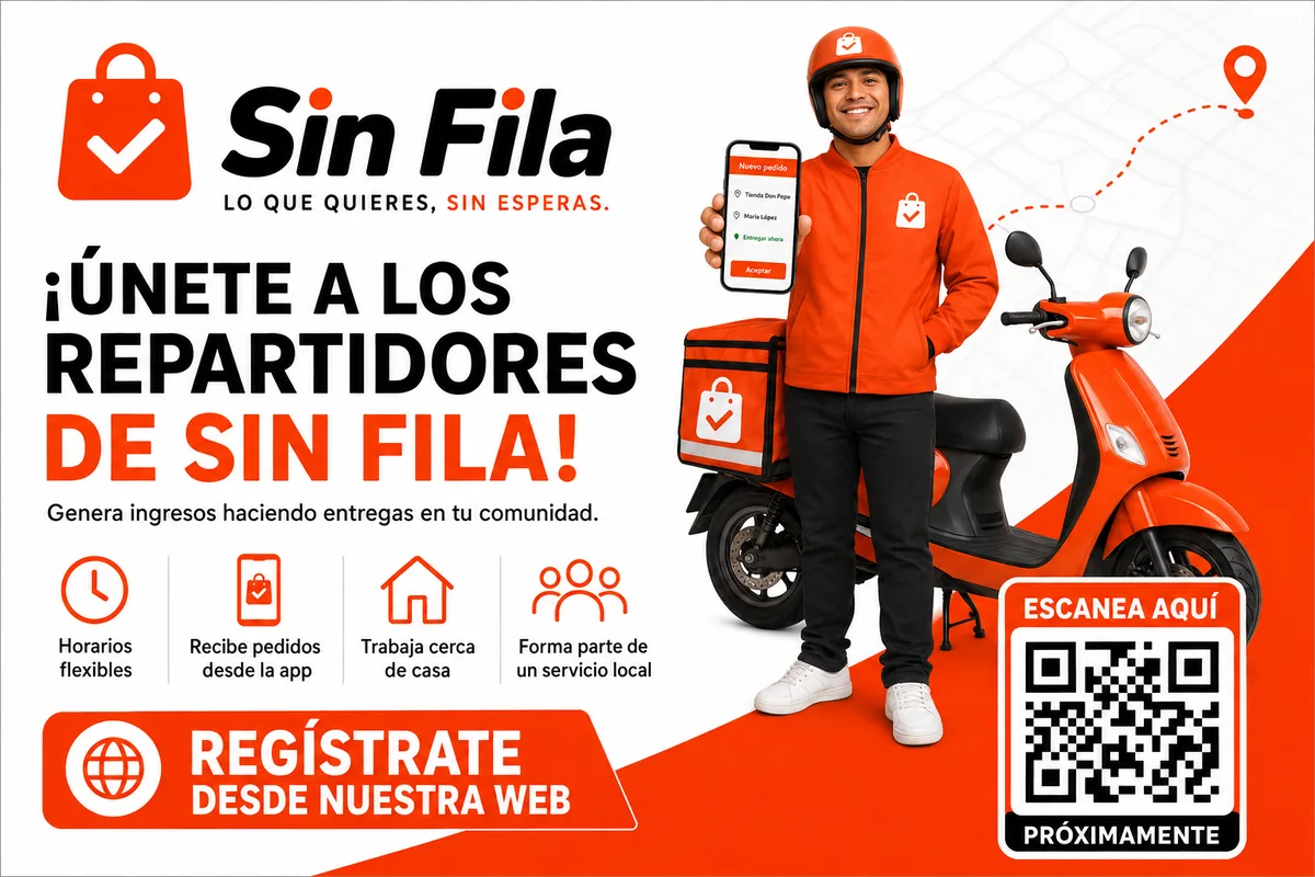 Repartidor de Sin Fila con casco y chamarra naranja junto a su motocicleta, mostrando la app de pedidos.